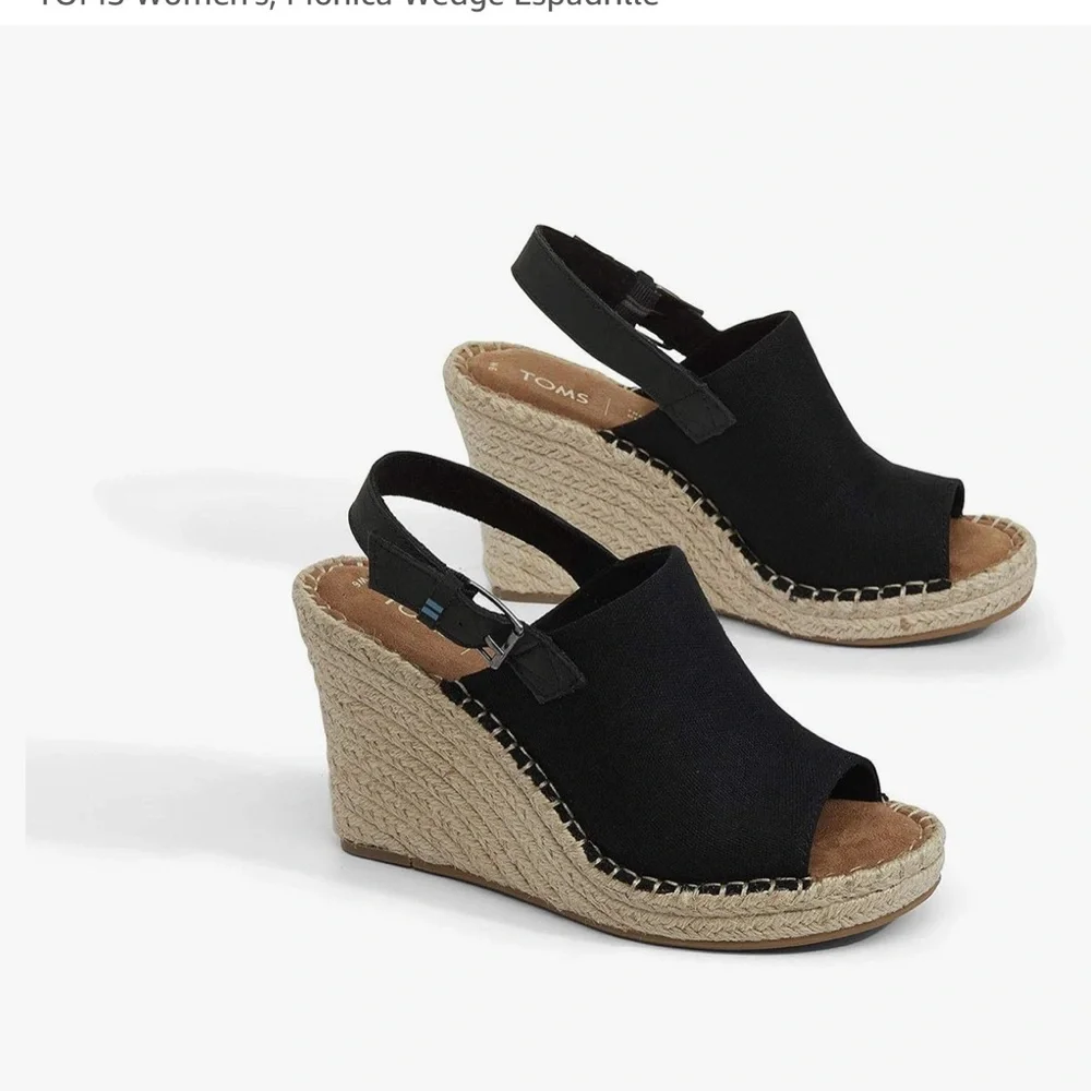 NEW TOMS Monica Platform Wedge Black Tan Espadrille Sandals women size 7